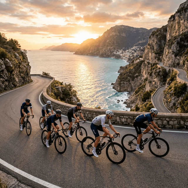 Cyclists on a coastal mountain road at sunrise